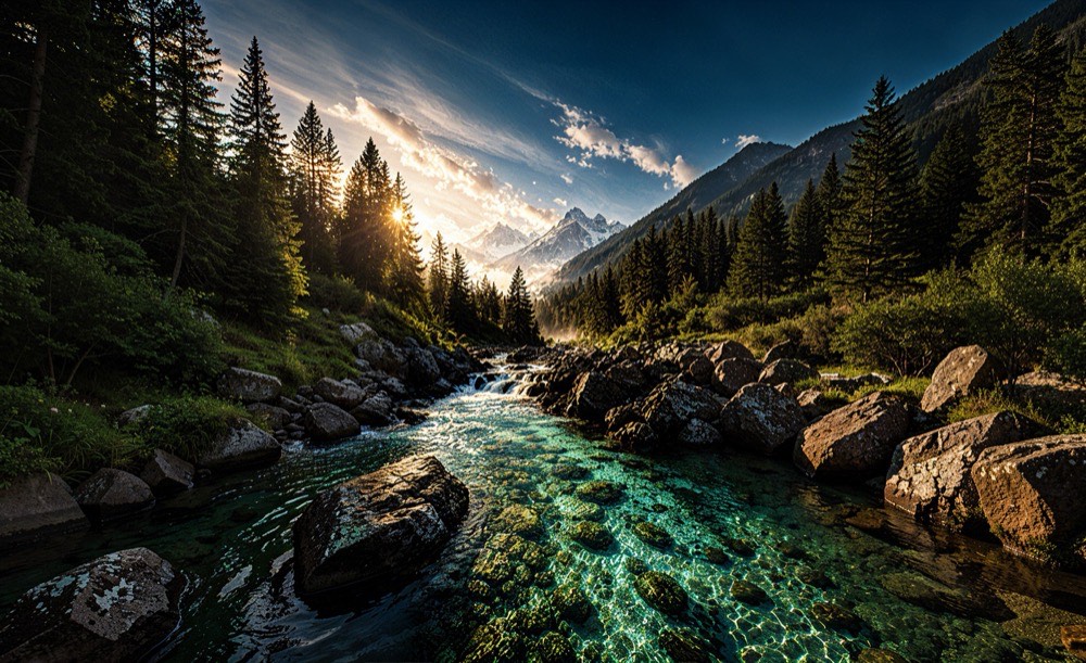 Dramatic Himalayan mountain landscape with a pristine stream — the source of naturally hydrogen-rich, antioxidant water